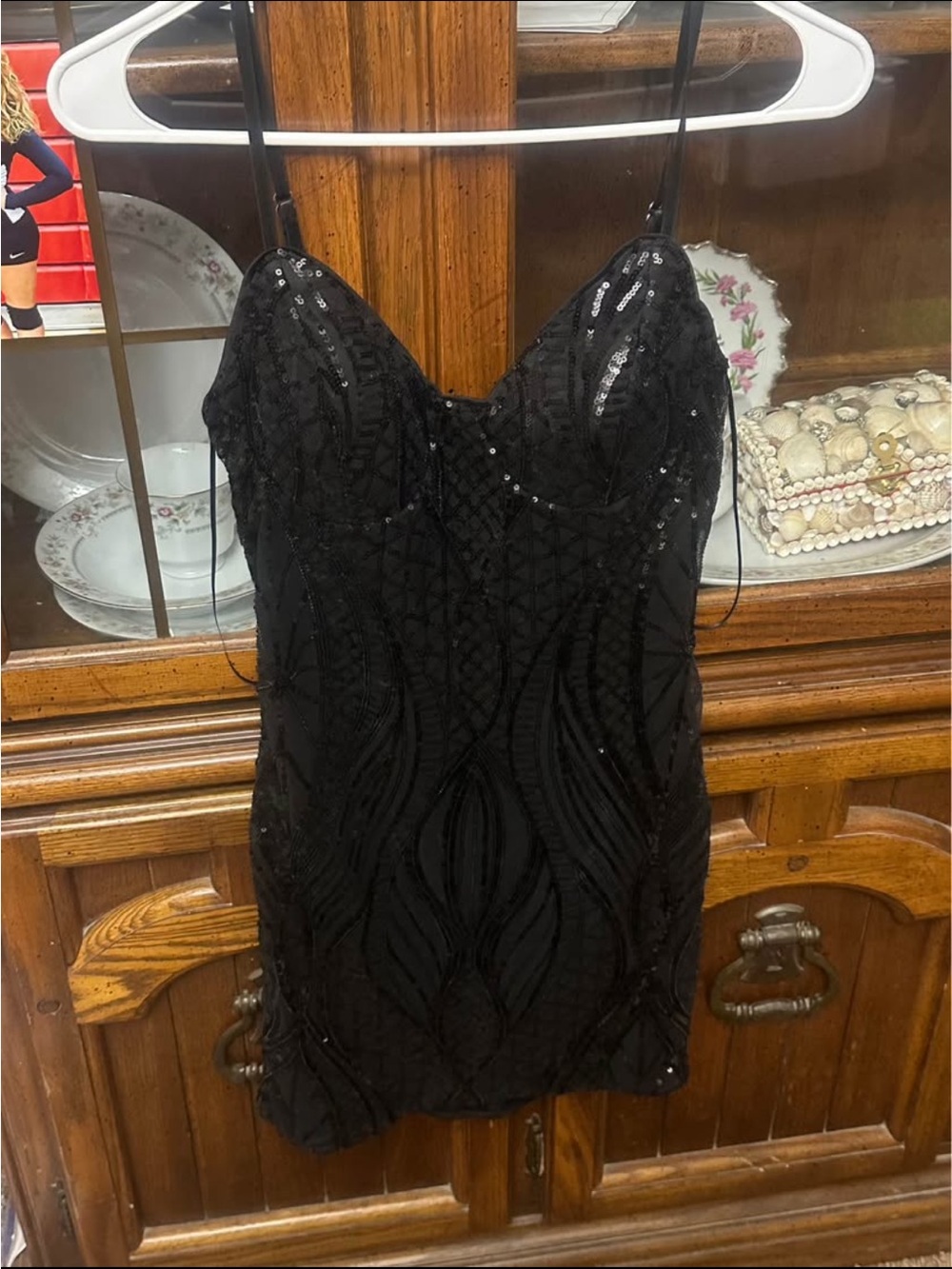 privy Black Sequin Embellished Mini Dress with Spaghetti Straps